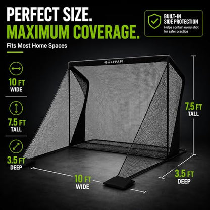 Golf Practice Net – Compact Golf Hitting Net with Steel Frame and Side Net Protection – Indoor & Outdoor Golf Training Net for Backyard, Garage, or Simulator Use 7.5 & 10 ft - size: 10 Feet Wide