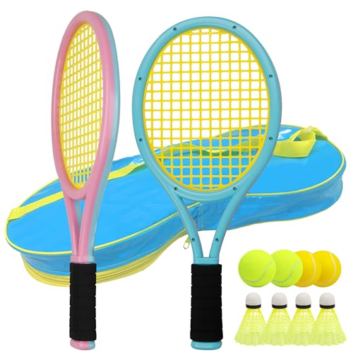 Kids Tennis Racket for Baby,Child and Kids Age 3~15,Toddler Tennis Racket Set Including 4 Shuttlecocks,2 Tennis Balls,2 Foam Balls and 1 Carrying Bag - color: shuang se lan-p