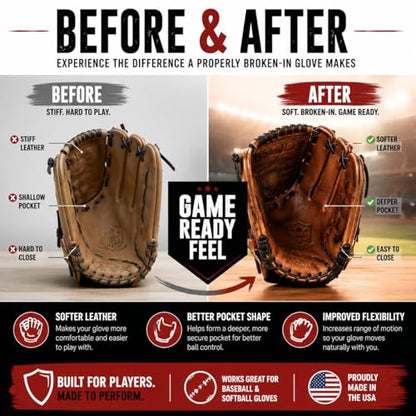 Rhino Wax - Baseball Glove Ultimate Break-in Kit - Includes Premium Oil for Ball Gloves, Mitt Conditioner, Hardwood Mallet, Wrap, Brush, and Microfiber Cloth - This is How to Break in a Glove Fast