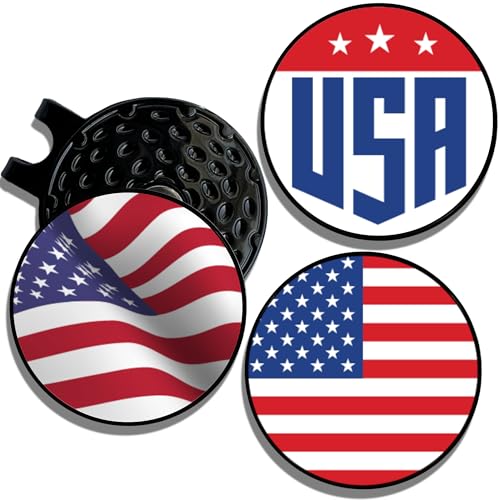 Wolf Golf Towels Golf Ball Marker Hat Clip Set | Multiple Sets to Choose from | 1 Magnetic Clip + 3 Ball Markers | Golf Accessories for Men & Women - color: USA | American Flag | Flag in the Wind