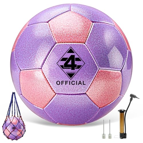 Glitter Pink Purple Soccer Ball Size 3 4 5 with Pump & Needle/Mesh Bag, Sofu PU Soccer Ball Kit for Indoor Outdoor Practicing Training Playing Gift Teens Youth Adults (Pink&Purple) (Size 4)