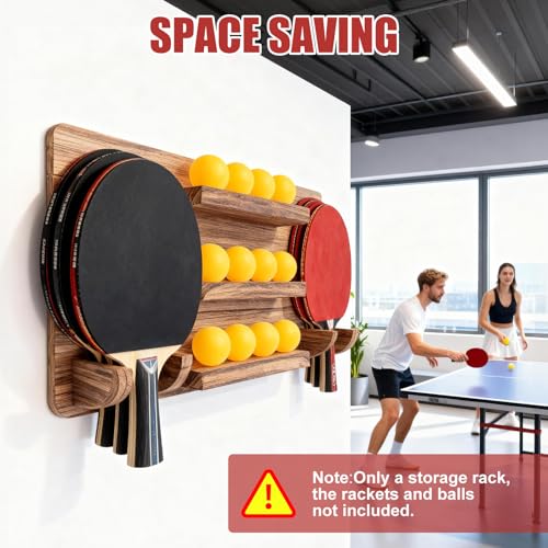 Ping Pong Paddle Holder, Wood Table Tennis Racket Display Wall Mounted Holder for 6 Paddles and 12 Balls Storage, Ping Pong Accessories Organizer for Game Room, Home