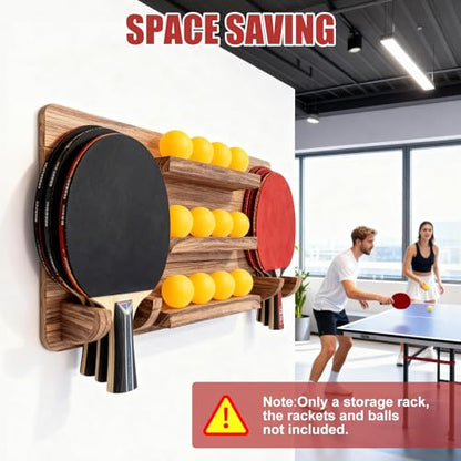 Ping Pong Paddle Holder, Wood Table Tennis Racket Display Wall Mounted Holder for 6 Paddles and 12 Balls Storage, Ping Pong Accessories Organizer for Game Room, Home