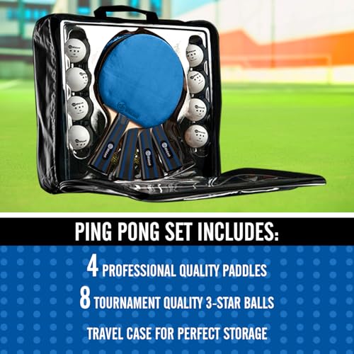 JP WinLook Ping Pong Paddles Sets - Portable Table Tennis Paddle Set with Ping Pong Paddles Professional Case & Ping Pong Balls - Premium Table Tennis Racket Player Set for Indoor & Outdoor Games - style: Black/Blue 4 Paddle Set