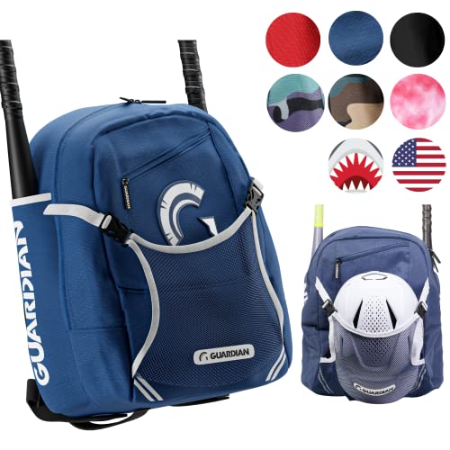 Guardian Baseball Backpack for Youth, Softball Bag for Girls, Durable Bat Bags Baseball Youth Boys and Girls, TBall Bag – Includes Hook to Hang on Fence - color: Navy/White