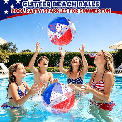 12 Pack 16" Inflatable Patriotic Beach Balls,4th of July Red White and Blue Stars Glitters Beach Ball Bulk,250th Anniversary Pool Toys for Kids & Adults Summer Swimming Pool Beach Party Game Water Toy - color: Patriotic White Red and Blue