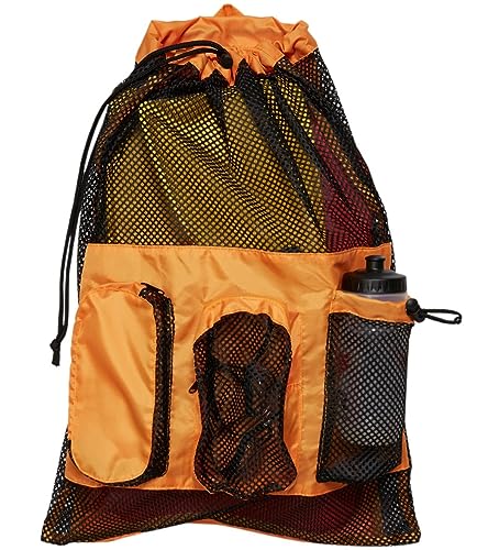 Sporti Swimming Equipment Bag Zipper Pocket, Mesh Drawstring Backpack, Drawstring Bags, Big Mesh Backpack for Workout Gear - color: Equipment - Orange, style: 4. Two Shoulders & Pockets