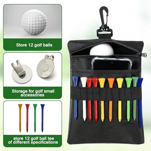 Golf Tee Bag, Multi Pocket Golf Tee Ball Pouch with Lobster Claw Clip Golf Accessories Bag Valuables Pouch for Men Women (Black)