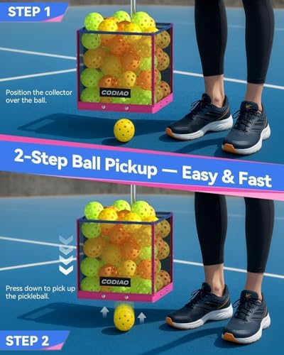 Pickleball Picker Upper 40+ Ball Capacity Hopper Holder, Foldable Basket with Telescopic Stainless Steel Handle, Quick Pickup No Bending Ball Retriever Collector, Portable for Court Training
