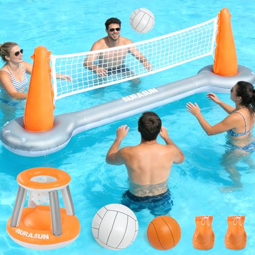 AURASUN Inflatable Pool Volleyball Net, Floating Swimming Pool Set with Basketball Hoop, Summer Pool Game Toy for Kids and Adults, Float Water Volleyball Court