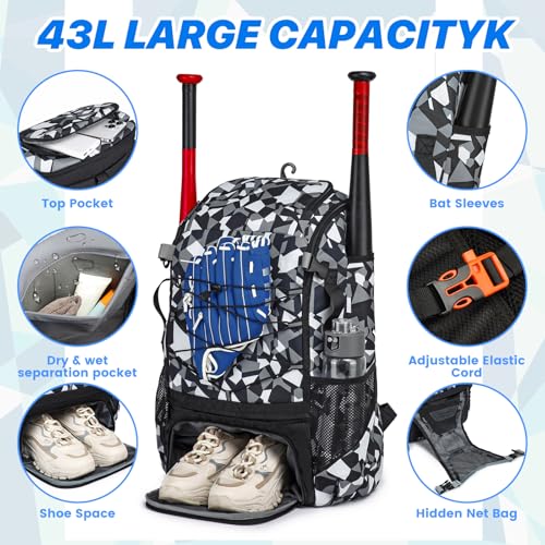 Softball Bag,Softball Bat Bag For Youth Adults,Baseball Bag with Fence Hook for TBall Bat & Equipment,Lightweight Baseball Bat Backpack with Shoe Compartment,Large Main Compartment for Helmet - color: Black camouflage
