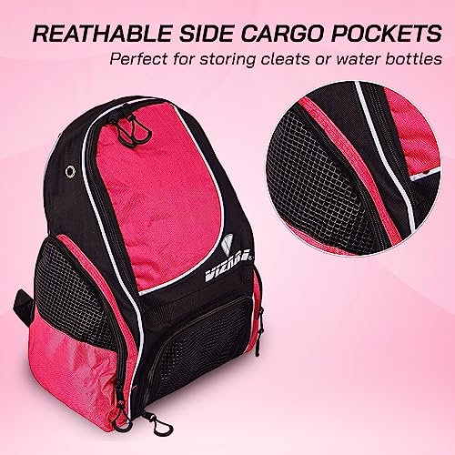 Vizari Solano Soccer Backpack With Ball Compartment and Vented Ball Pocket and Mesh Side Cargo Pockets for Adults and Teens - color: Neon pink