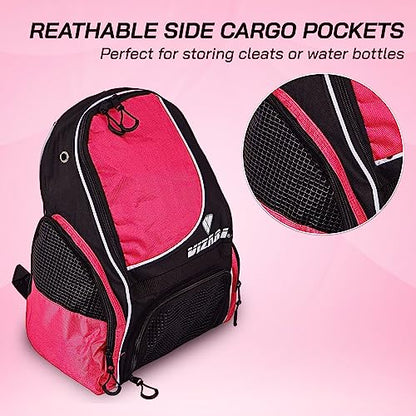 Vizari Solano Soccer Backpack With Ball Compartment and Vented Ball Pocket and Mesh Side Cargo Pockets for Adults and Teens - color: Neon pink