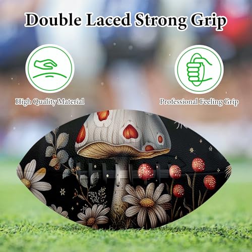 American Football, Official Size 11.9 x 7.3 Inch, Premium Composite Leather High-Grip Ball with Pro-Style Lacing, Unique Prints for Training, Games & Gifts - color: White Mushrooms