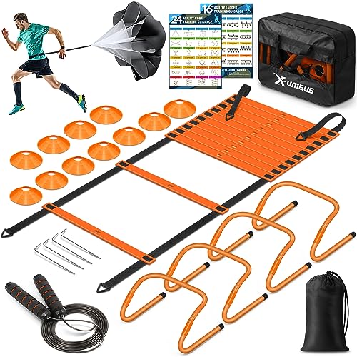 X-UMEUS Agility Ladder Speed Training Equipment Set-20ft Agility Ladder,12 Soccer Cones,4 Hurdles, Jump Rope, Running Parachute| Basketball Football Soccer Training Equipment for Kids Youth Adults - color: Orange