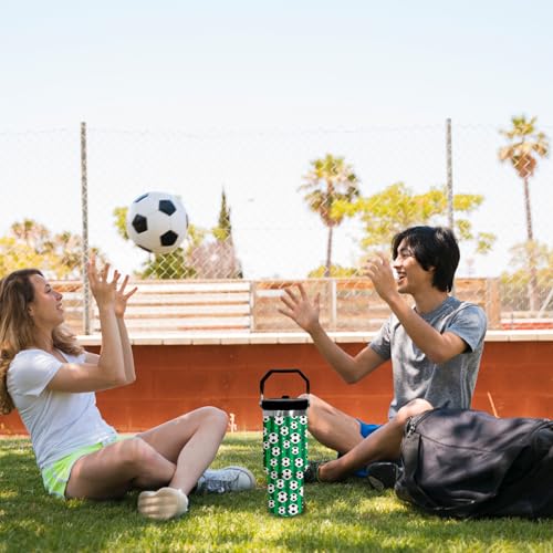 30 oz Tumbler with Handle Flip Straw Leak Proof - Soccer Cup 30oz Tumbler Travel Coffee Mug with Handle - Birthday Gifts for Women Men Soccer Lovers Fans 30 Ounce Stainless Steel Cup - color: Soccer Green
