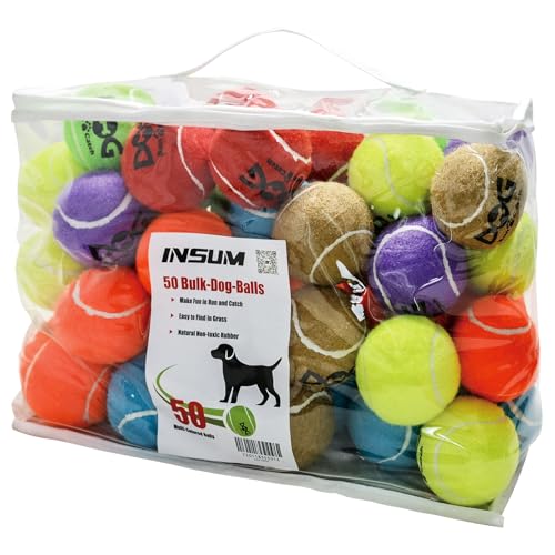 INSUM Tennis Balls for Dogs - Bulk 50 Pack 2.5'' Durable Non-Toxic Outdoor Dog Toys Balls with Mesh Bag, SGS Certified, Colorful Fetch Toys, Medium Large Breeds (Non Squeaky) - color: Non-Squeaky - Pack of 50, size: Medium