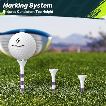SAPLIZE Upgraded 4-Prong Golf Tees Plastic, 50/100/120/200 Pack (1-1/2", 2-3/4'', 3-1/4"), Engineered to Reduce Friction & Side Spin, Unique Golf Gifts for Golfers - color: Green (100pcs, 3-1/4'') & Purple (50pcs, 2-3/4'') & White (50pcs, 1-1/2'')