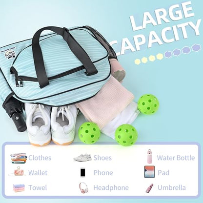Boulder Bee Pickleball Bags, Premium Pickleball Tote Bag for Girls, Women’s Hand/Shoulder Gym Bag w Water Bottle Holder, with Pickleball Racquet/Paddle Holder - color: Stripe-Green