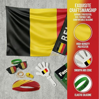 Soccer Fan Gear Set 2026-7 Piece Game Day Kit with Flag, Scarf, Glasses, Whistle, Clapper, Wristband & Headband in Gift Box - Watch Party & Stadium Essentials for for Belgium - color: Belgium