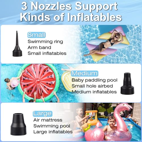 Electric Air Pump for Inflatables, Battery Powered Wireless Air Pump for Mattress with 3 Nozzles, Quick-Fill Blower Inflator/Deflator for Outdoor Camping, Air Mattress, Inflatable Couch, Pool Toy