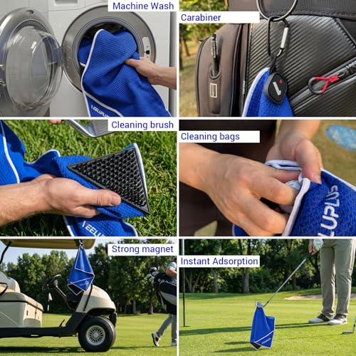 4-in-1 Magnetic Golf Towel with Brush & Cleaning Pocket -Premium Construction Golf Towel- Super Strong Golf Club Cleaner- Microfiber Waffle Design-15.7" X 23.6" Golf Accessories and Gifts for Men - color: Blue