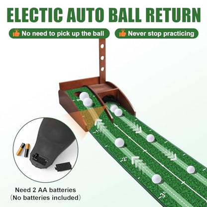 Golf Putting Green Indoor Putting Mat with Auto Ball Return, Solid Wood Base and Crystal Velvet Mat, Ideal for Home, Office, Golf Practice, and Outdoor Use (No Batteries Included)