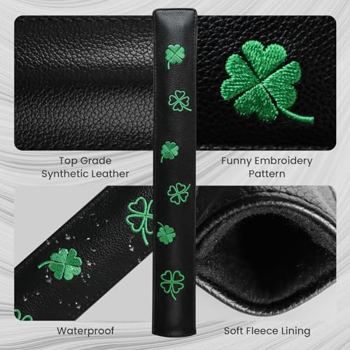 FINGER TEN Golf Alignment Stick Cover Headcover Rods Holder Case Leather 14''× 2'' in USA Black White Green Hold At Least 2 Sticks - color: Black-Lucky Clover