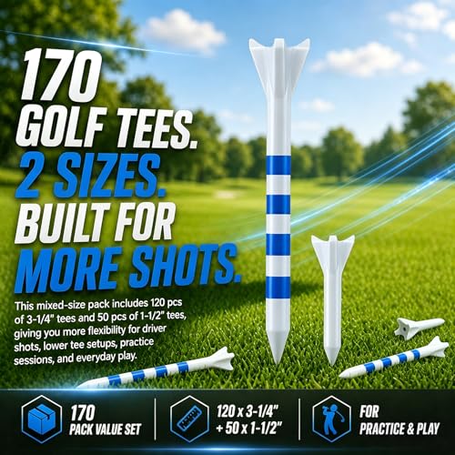 170 Pack Golf Tees 50 Iron Tees with 120 Driver Tees, Pro 4 Line Marking System Plastic Golf Tees, 4-Prong Engineered to Reduce Friction & Longer Distance