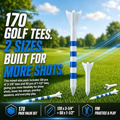 170 Pack Golf Tees 50 Iron Tees with 120 Driver Tees, Pro 4 Line Marking System Plastic Golf Tees, 4-Prong Engineered to Reduce Friction & Longer Distance
