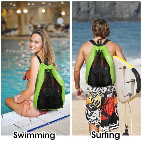 WANDF Swim Bag Mesh Drawstring Backpack Beach Backpack for Swimming, Gym, and Workout Gear - color: Fluorescence Green