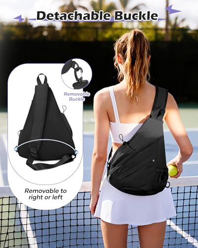 SEAFEW Black Pickleball Crossbody Sling Bag - Men's & Women's Pickleball Sports Backpack with Water Bottle Holder, Adjustable Pickleball - color: A1-black