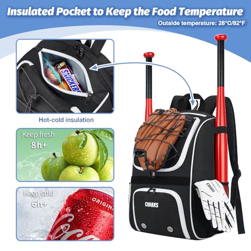 Youth Baseball Bag - Baseball Backpack Bat & Glove Holder, T-Ball & Softball Equipment & Gear,Large Main Compartment for Helmet & accessories, Fence Hook，Insulation Pocket - color: black