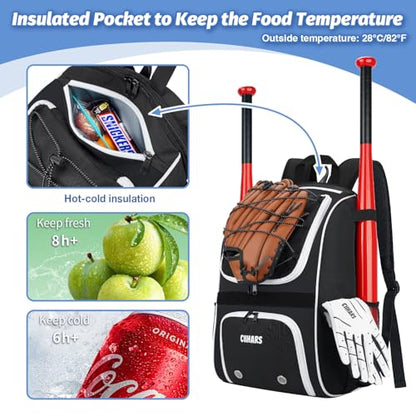 Youth Baseball Bag - Baseball Backpack Bat & Glove Holder, T-Ball & Softball Equipment & Gear,Large Main Compartment for Helmet & accessories, Fence Hook，Insulation Pocket - color: black