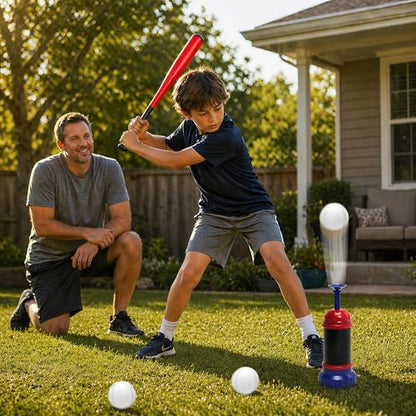 Pop Up Baseball Trainer Set for Kids, Backyard Fun, No Pitch Needed, Beginner Batting Practice Toy with Launcher, Bat, Balls & Carry Bag (Red) - color: Red