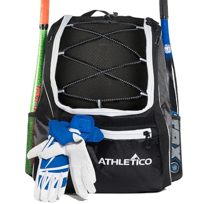 Athletico Baseball Bat Bag - Backpack for Baseball, T-Ball & Softball Equipment & Gear for Youth and Adults | Holds Bat, Helmet, Glove, & Shoes |Shoe Compartment & Fence Hook - color: Black