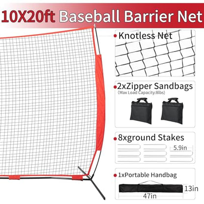 7x7/16x10/20x10ft Backstop Net, Ball Stop Net with Handbag,Fix Sports Net Barrier by 4 Spike&2 Sandbag,Sports Practice Barrier Net for Baseball,Softball,Lacrosse Train,Backstop Net for Backyard - style: 20X10ft red