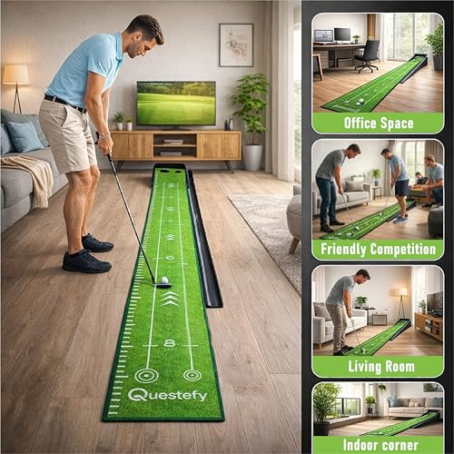 Putting Green Indoor | Wrinkle-Free Golf Mat with Auto Ball Return | Non-Slip Surface & Alignment Markings for Accurate Putting Practice at Home, Office & Outdoors | Improve Stroke Control & Precision