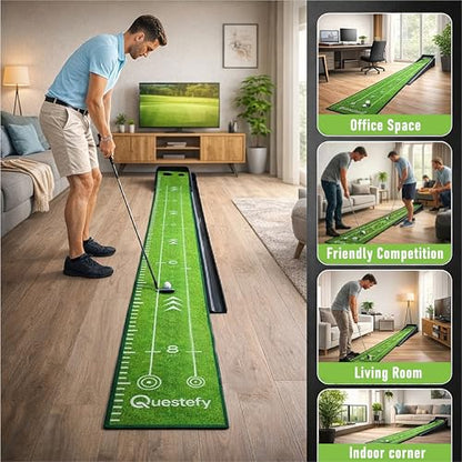 Putting Green Indoor | Wrinkle-Free Golf Mat with Auto Ball Return | Non-Slip Surface & Alignment Markings for Accurate Putting Practice at Home, Office & Outdoors | Improve Stroke Control & Precision