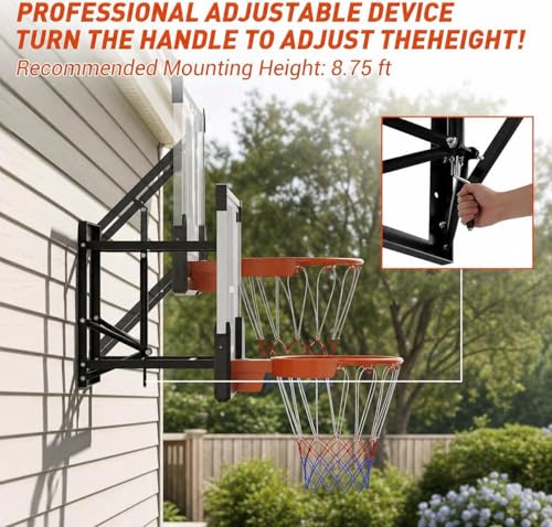 48 Inch Wall Mounted Basketball Hoop, Shatterproof Backboard with Rim, Adjustable Height Hand Crank Goal, Indoor & Outdoor with Adjustable Height, Classic Basketball Court, Teens, Adults, Schools, Pa