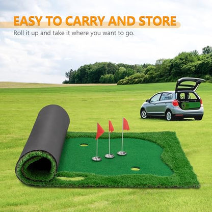 Premium Golf Putting Green Mat for Indoor & Outdoor, 3 Holes with Flags, Realistic Turf & Non-Slip Base, Practice Putting Mat with 6 Balls & Slope Pads - size: 9'10" x 4'11" (L x W)
