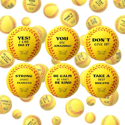 Blulu 30 Pieces Mini Softball Stress Balls with Motivational Quotes Baseball Party Favors Sport Squeeze Foam Balls Yellow Baseball Fidget Toys for Anxiety Relief Birthday Gift Carnival Party Supplies