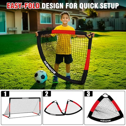 Kids Soccer Goal for Backyard Set - 2 Set of 7X5 / 6X4 ft Toddler Soccer Nets Training Equipment, Soccer Ball, Pop Up Portable Soccer Set for Kids and Youth Games and Training Goals Ages 3-16 Gift - color: 2.Black Red, style: 6' x 4'