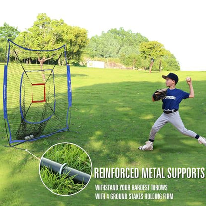 BaseGoal 7'×7' Baseball Softball Practice Net,Baseball Backstop,for Hitting Pitching Batting Catching with Bow Frame,Bonus Strike Zone - style: Blue