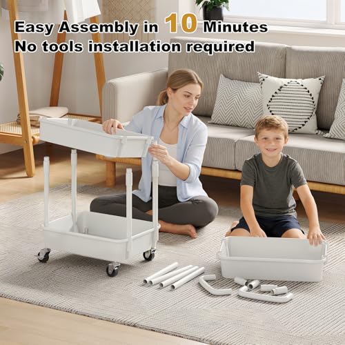 3 Tier Rolling Cart with Wheels, White Plastic Three Tiered Roller Shelf Cart on Lockable Wheels, Small Utility Storage Organzier Carts for Craft, Art, Baby Diaper Caddy, Snack, Dorm, Kitchen,Bathroom