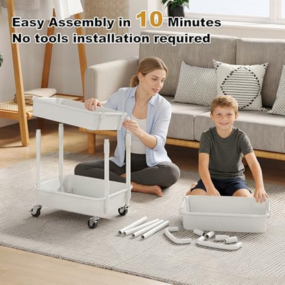 3 Tier Rolling Cart with Wheels, White Plastic Three Tiered Roller Shelf Cart on Lockable Wheels, Small Utility Storage Organzier Carts for Craft, Art, Baby Diaper Caddy, Snack, Dorm, Kitchen,Bathroom