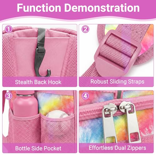 Youth Baseball Bag - Softball Bag for Girls & Boys with Shoes Compartment, Bat Backpack for Baseball, T-Ball & Softball Equipment - color: Tie-dye-Pink