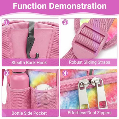 Youth Baseball Bag - Softball Bag for Girls & Boys with Shoes Compartment, Bat Backpack for Baseball, T-Ball & Softball Equipment - color: Tie-dye-Pink