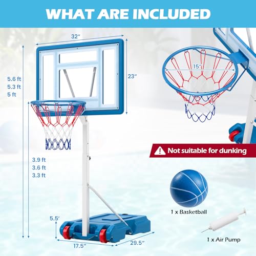 Goplus Pool Basketball Hoop, Poolside 3.3/3.6/3.9FT Adjustable Height Basketball Goal with 32" Shatterproof Backboard, Fillable Base, Wheels, Portable Pool Hoop for Outdoor
