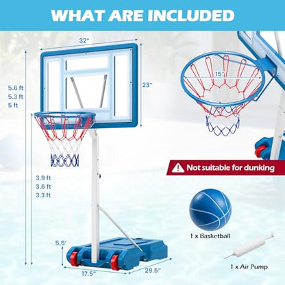 Goplus Pool Basketball Hoop, Poolside 3.3/3.6/3.9FT Adjustable Height Basketball Goal with 32" Shatterproof Backboard, Fillable Base, Wheels, Portable Pool Hoop for Outdoor